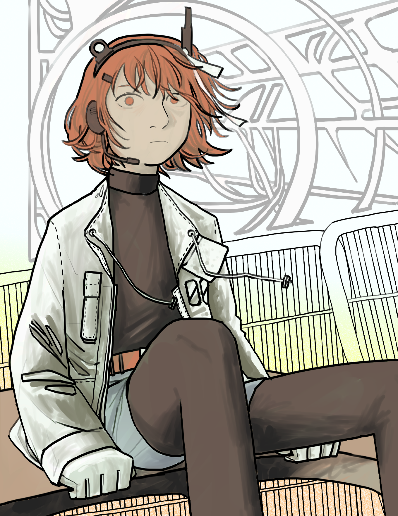 halfbody fanart of adachi rei inspired by the song heat abnormal. she is sitting on the roof of
	  a car with her feet on the hood out of frame and the wind is blowing on her hair and jacket. there is an abstract circular 
	  pattern behind her head coloured in white.
